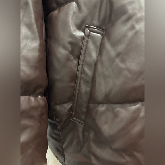 Zara Blogger Chocolate Brown Faux Leather Puffer Jacket Size L - Picture 9 of 17